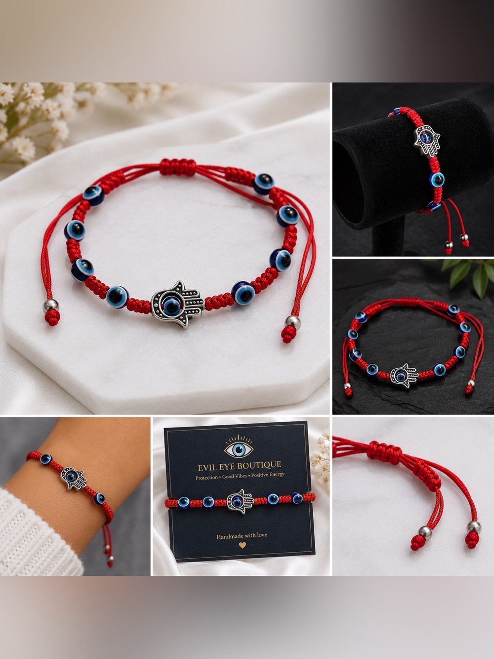 Red Hamsa Thread Bracelet with Blue Beads